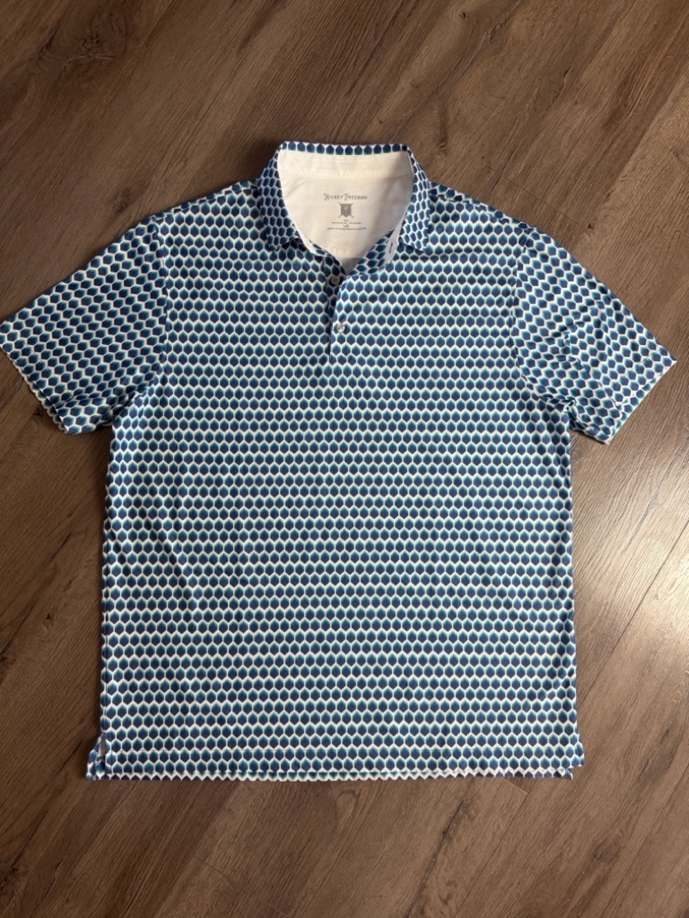 Hickey Freeman Men’s Golf Polo – Blue & White Honeycomb Geometric Print | Size L